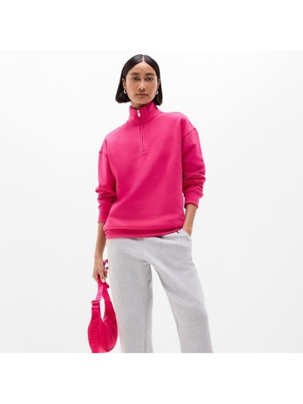 NWT Athleta Forever Fleece 1/4 Zip Sweatshirt Sz Small Dahlia Hot Pink Oversized